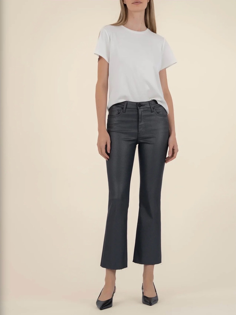 KUT From The Kloth Kelsey Coated High Rise Ankle Flare Jeans – Silver Bell